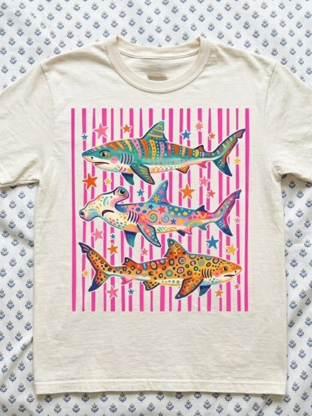 Gildan White Graphic Tee with Colorful Sharks